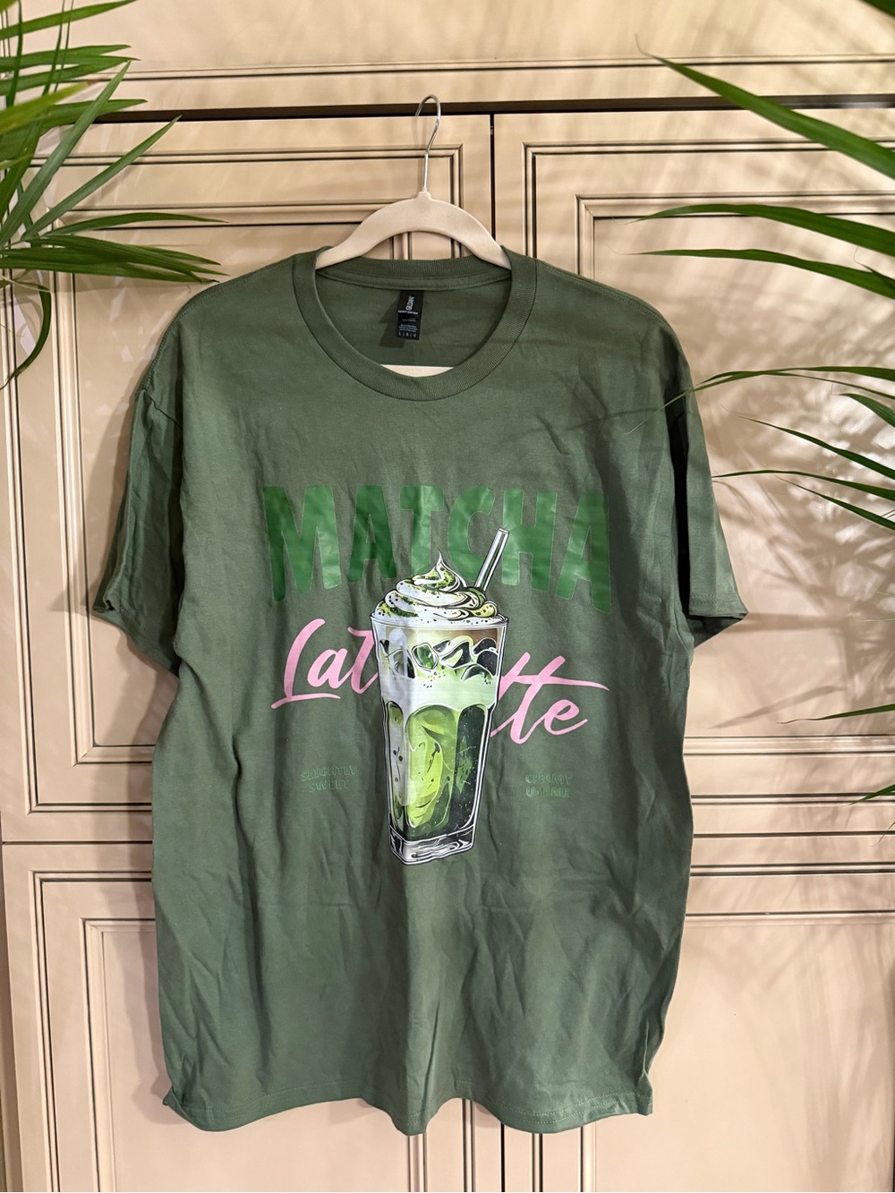 New Gliden Cotton Matcha Latte Graphic T-Shirt Tee Shirt Olive Green Tea Lovers